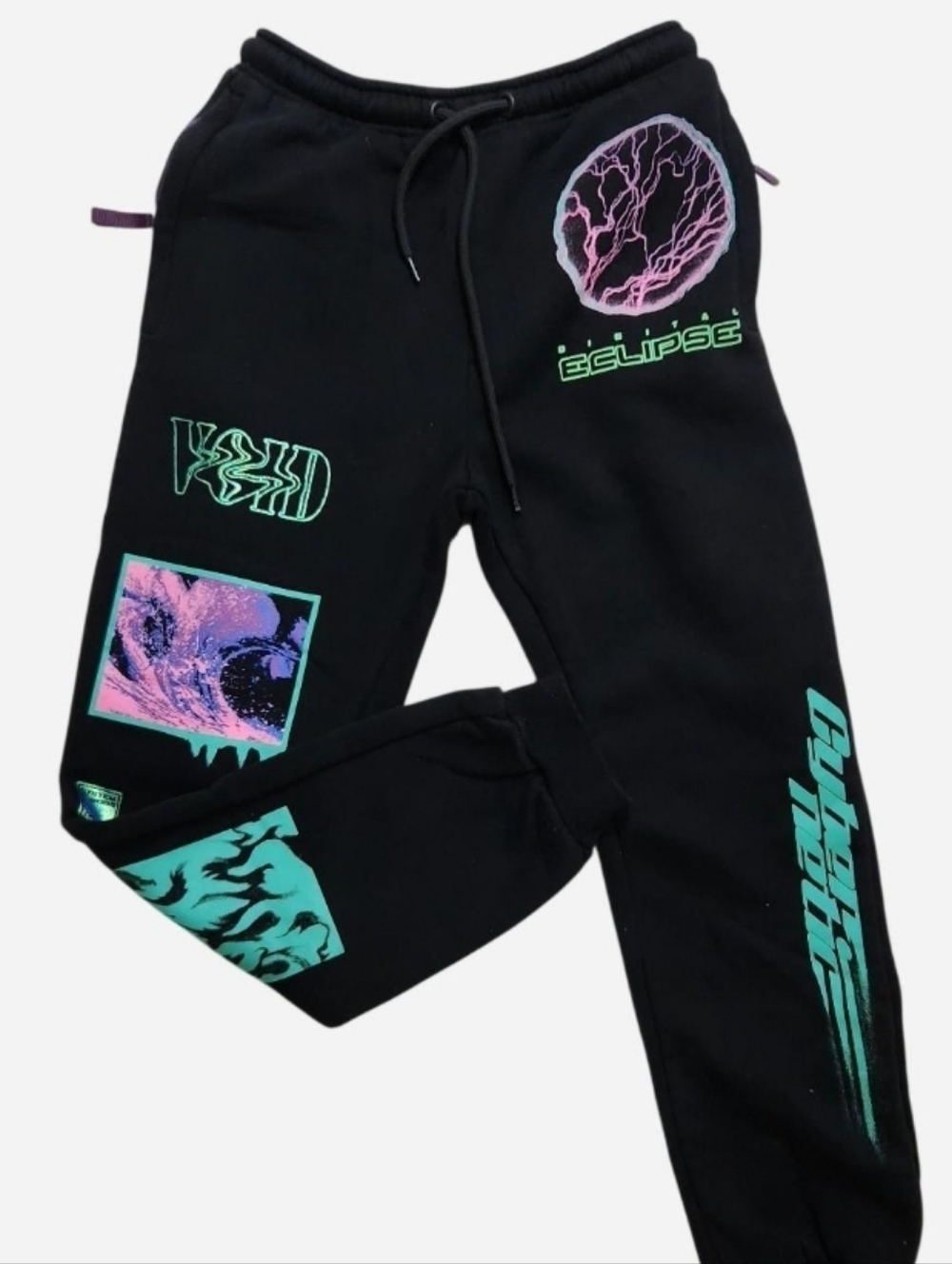 Bershka Black Oversized Joggers Futuristic Tech Graphic XS EUC - Picture 3 of 11